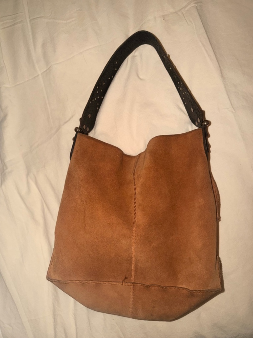 Tan Suede Shoulder Hobo Bag with Dark Strap